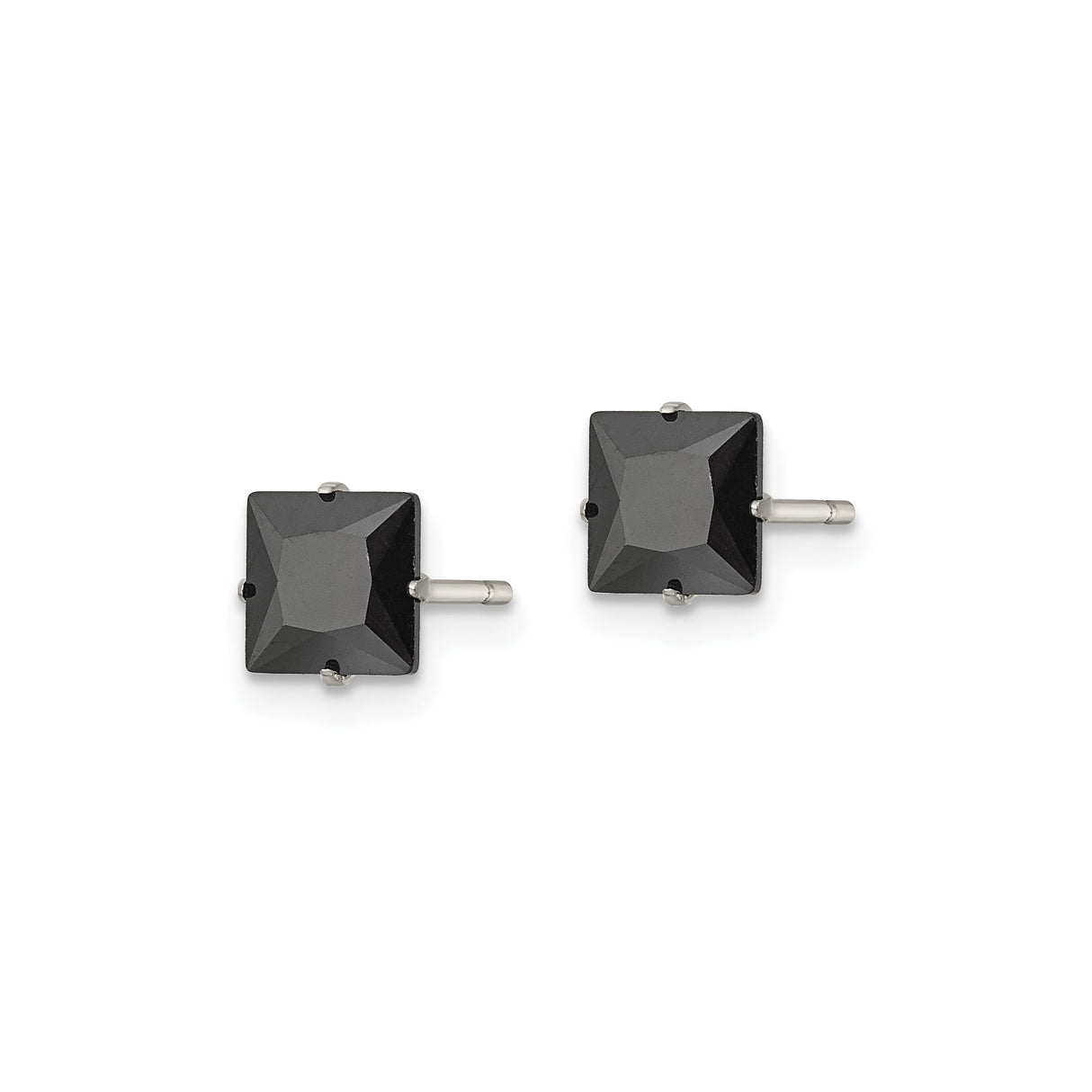 Stainless Steel Stud Earrings with Black Cubic Zirconia, Square Cut, Modern Unisex Design