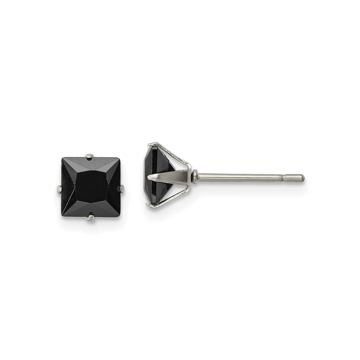 Stainless Steel Stud Earrings with Black Cubic Zirconia, Square Cut, Modern Unisex Design