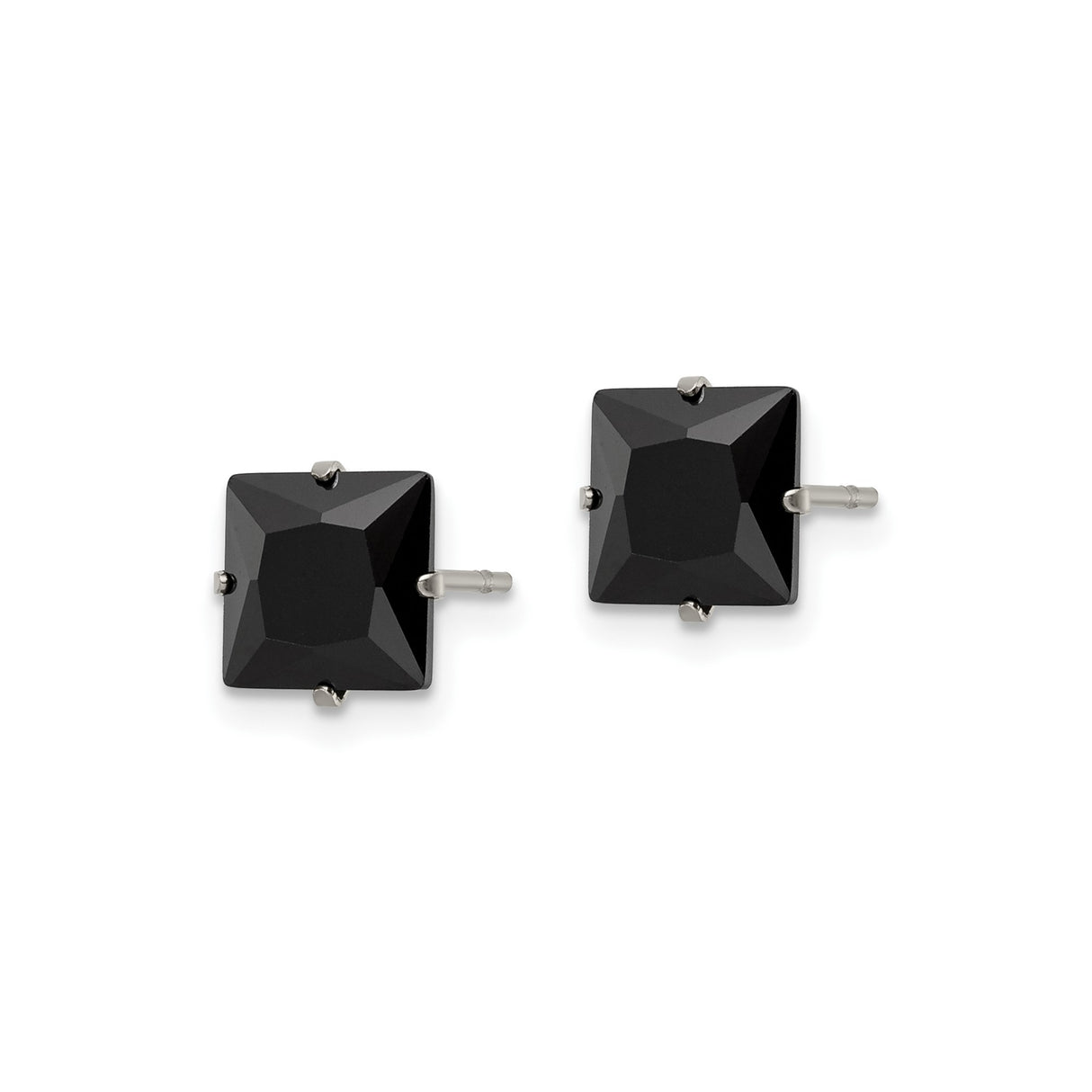 Stainless Steel Stud Earrings with 7mm Black Cubic Zirconia, Classic Four Prong Setting, Unisex Design