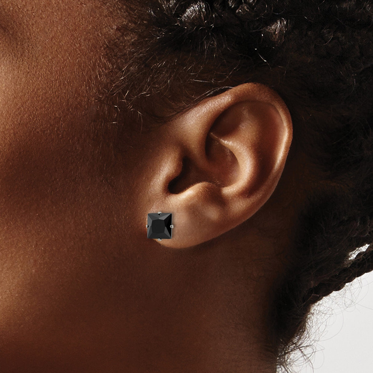 Stainless Steel Stud Earrings with 7mm Black Cubic Zirconia, Classic Four Prong Setting, Unisex Design