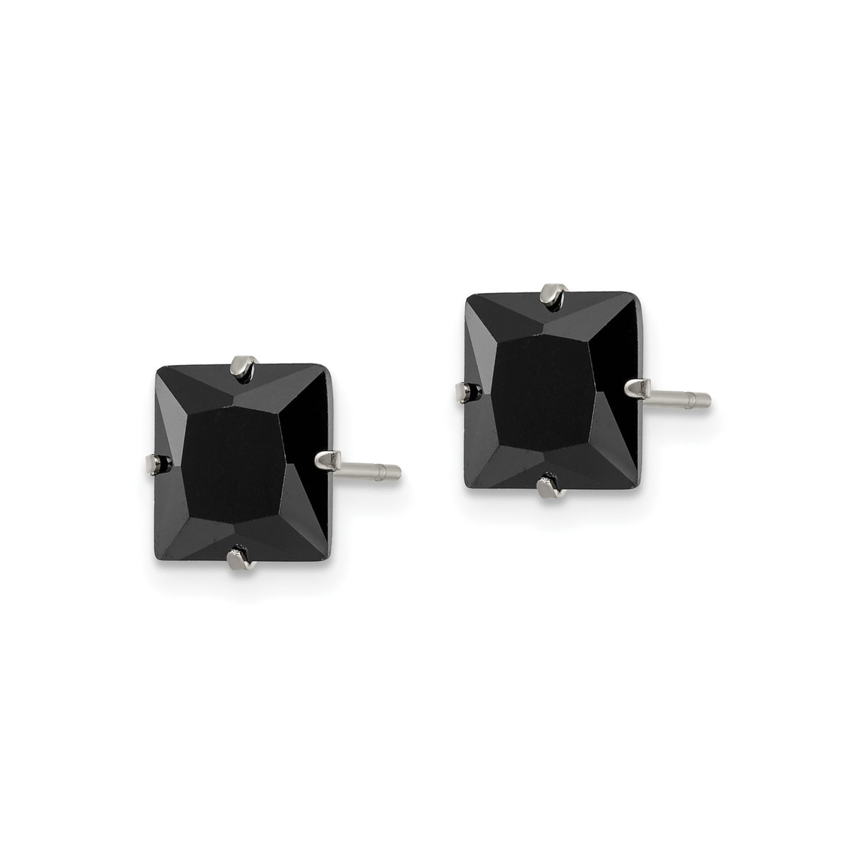Stainless Steel Square Stud Earrings with Black Cubic Zirconia, Modern Minimalist Design
