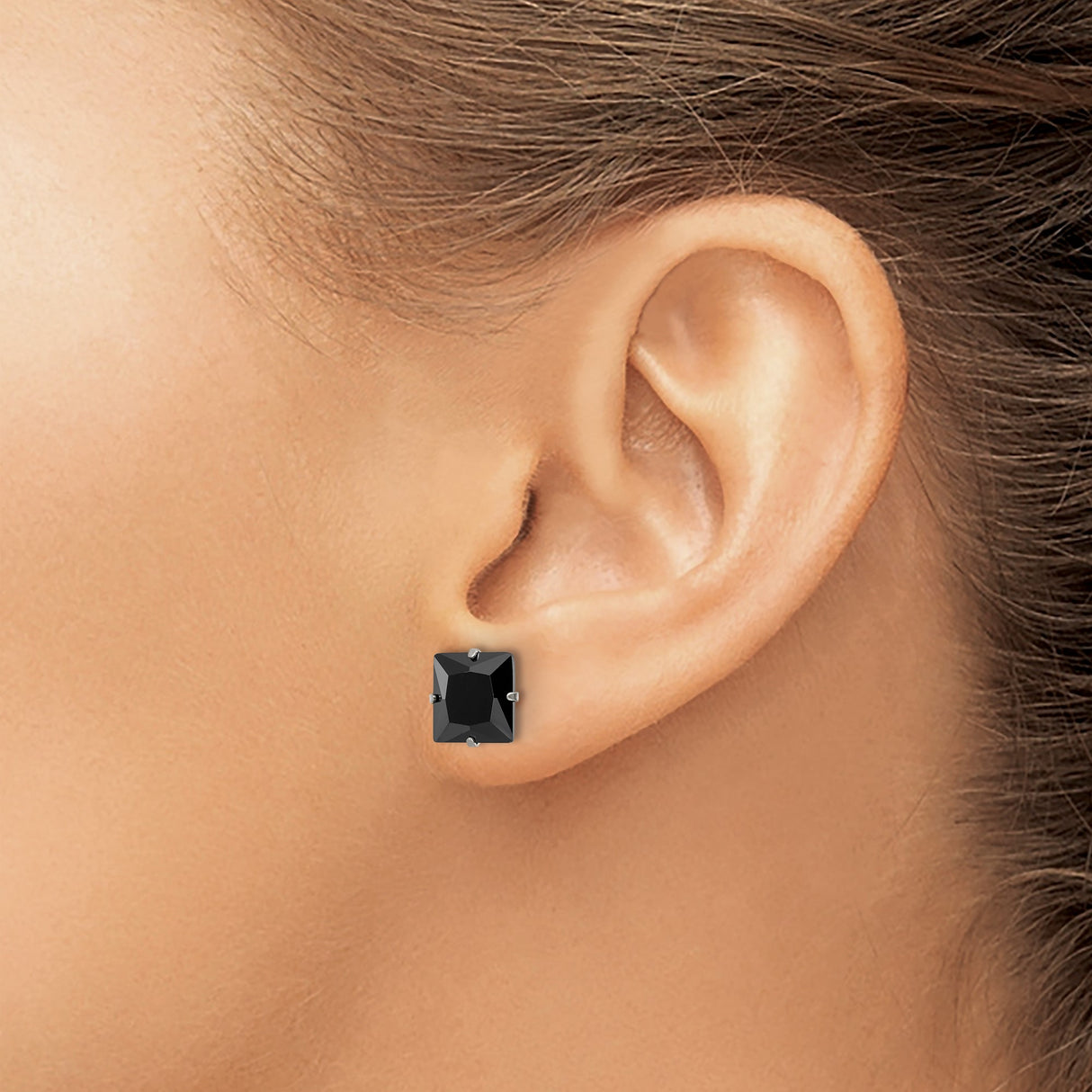 Stainless Steel Square Stud Earrings with Black Cubic Zirconia, Modern Minimalist Design