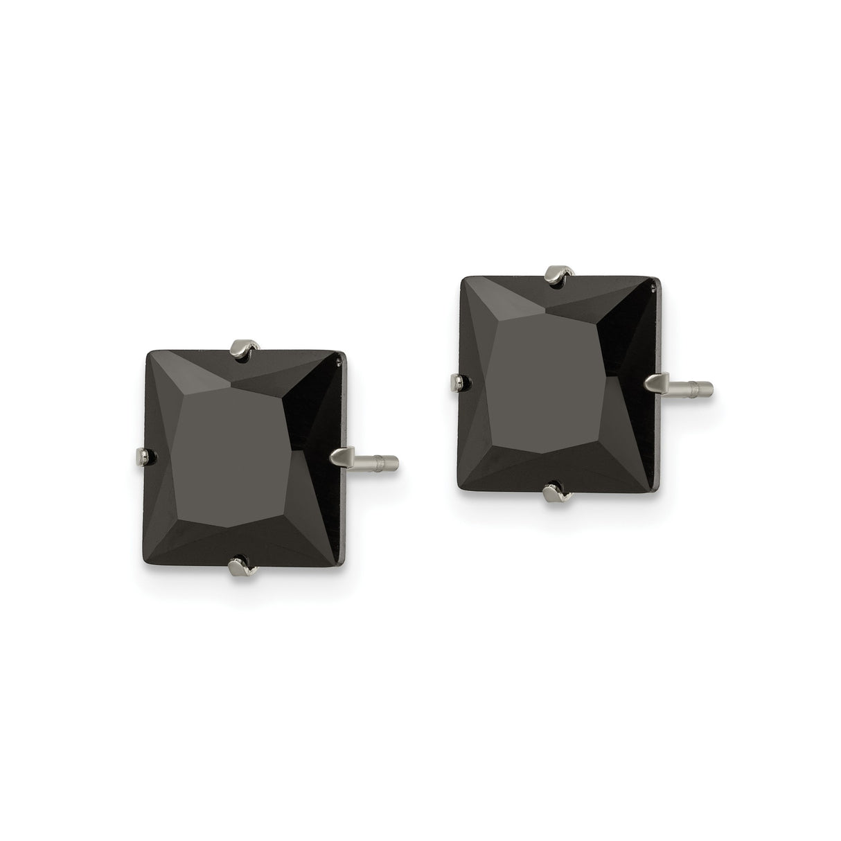 Stainless Steel Stud Earrings with Black Cubic Zirconia, Square Four-Prong Gothic Style