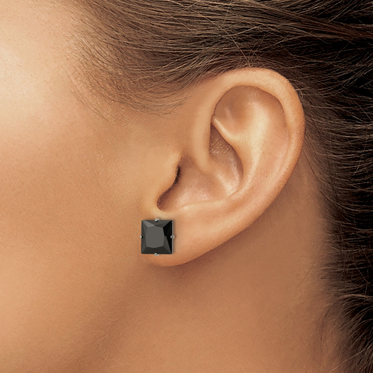 Stainless Steel Stud Earrings with Black Cubic Zirconia, Square Four-Prong Gothic Style