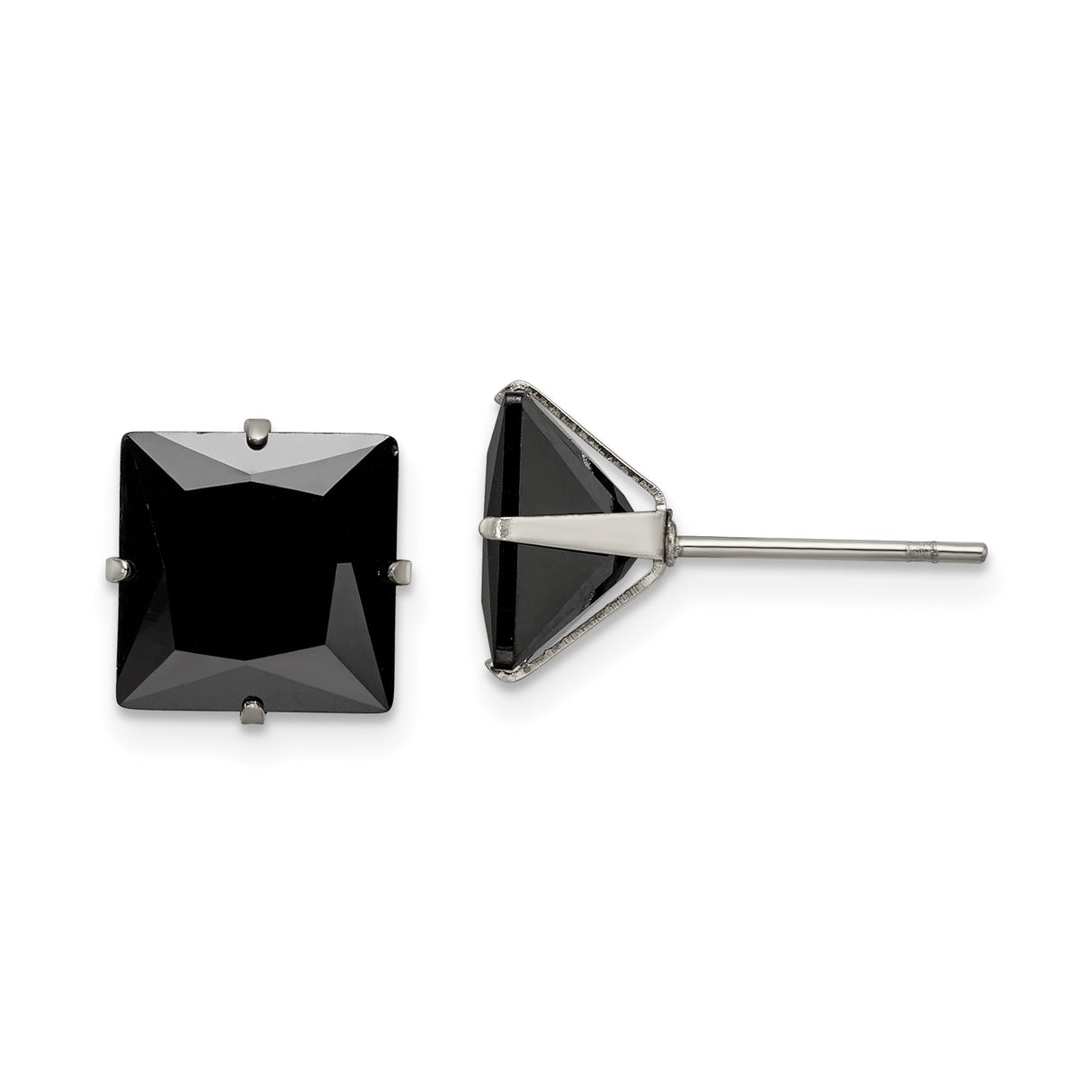 Stainless Steel Stud Earrings with Black Cubic Zirconia, Square Four-Prong Gothic Style