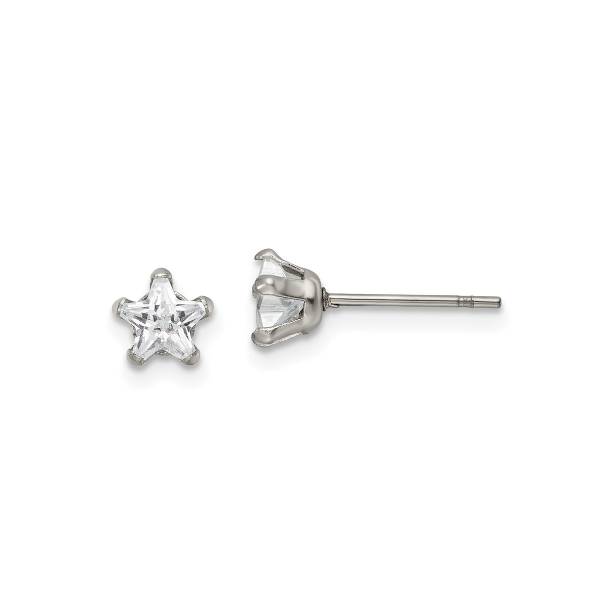 Stainless Steel Star Stud Earrings with Cubic Zirconia, Five Point Design, Hypoallergenic Jewelry