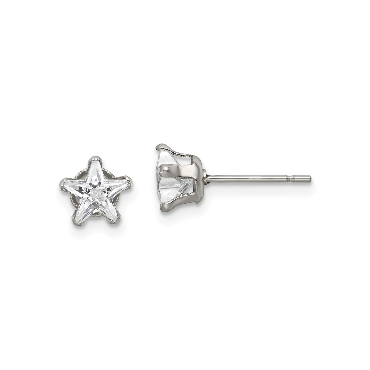 Stainless Steel Star Shaped Stud Earrings with Cubic Zirconia Center, Hypoallergenic Jewelry for Women