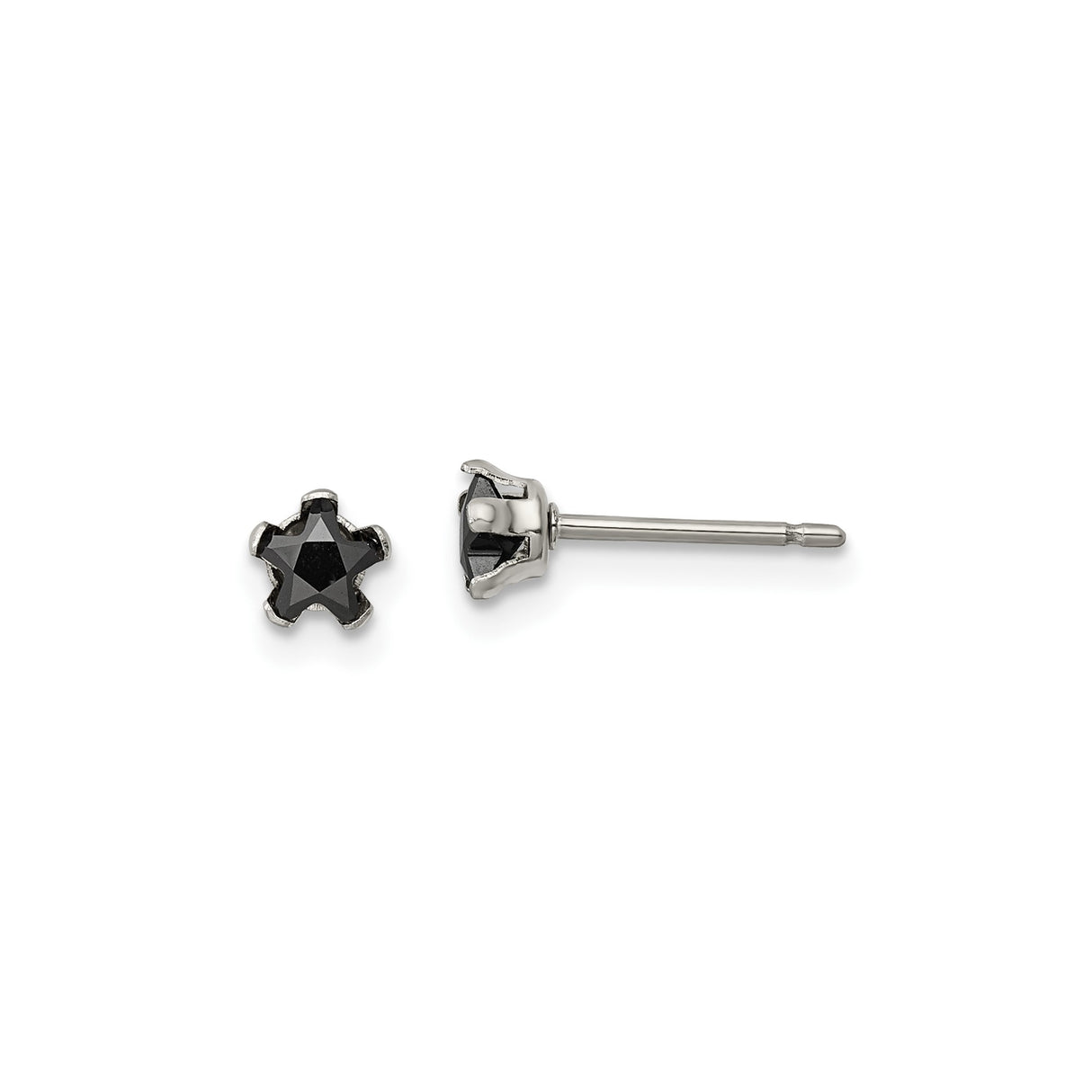 Stainless Steel Stud Earrings with Black Cubic Zirconia, Star Cut, Modern Minimalist Design