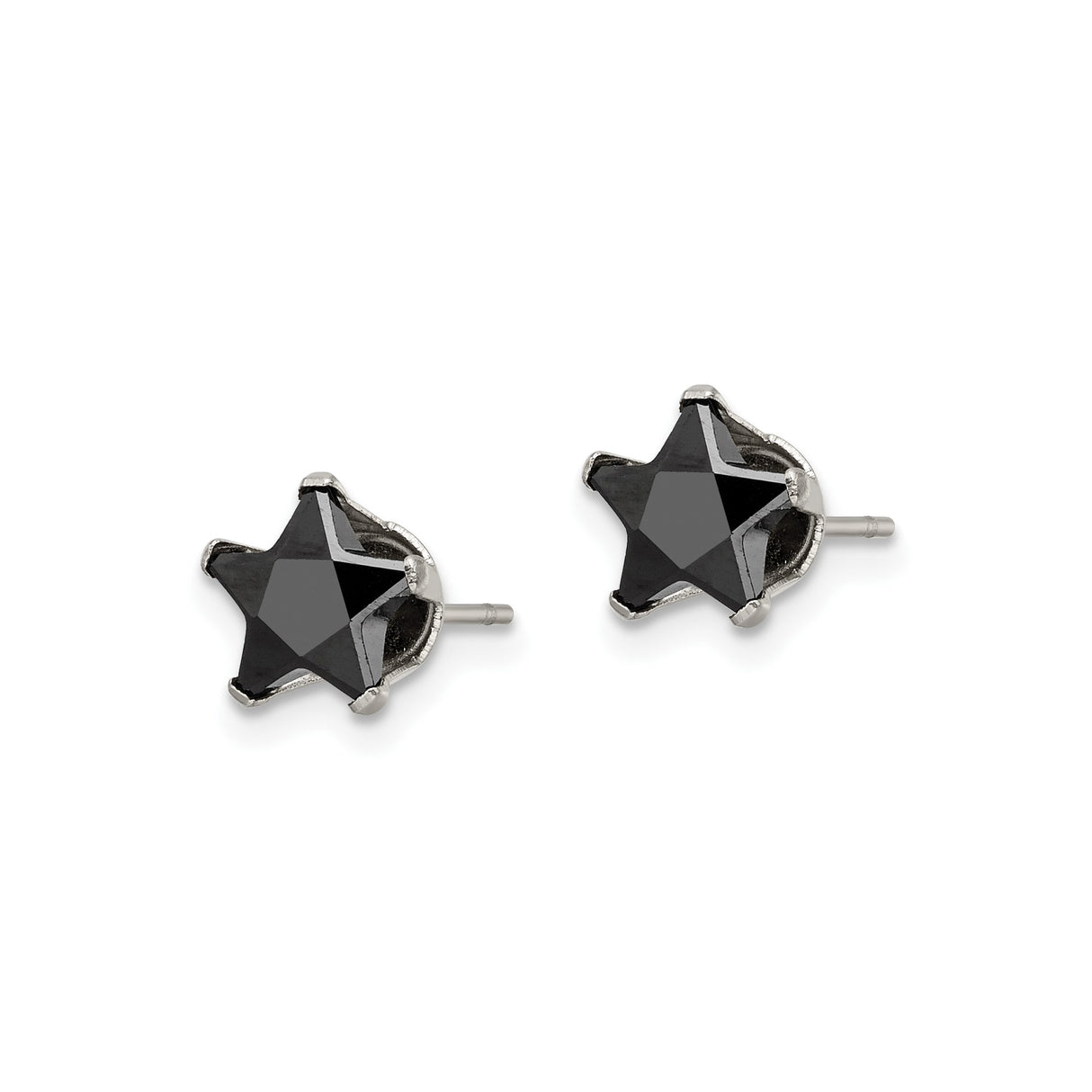 Stainless Steel Star Shaped Stud Earrings with Faceted Black Cubic Zirconia