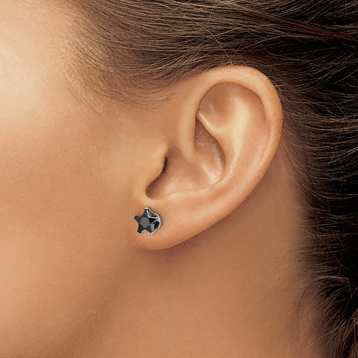 Stainless Steel Star Shaped Stud Earrings with Faceted Black Cubic Zirconia