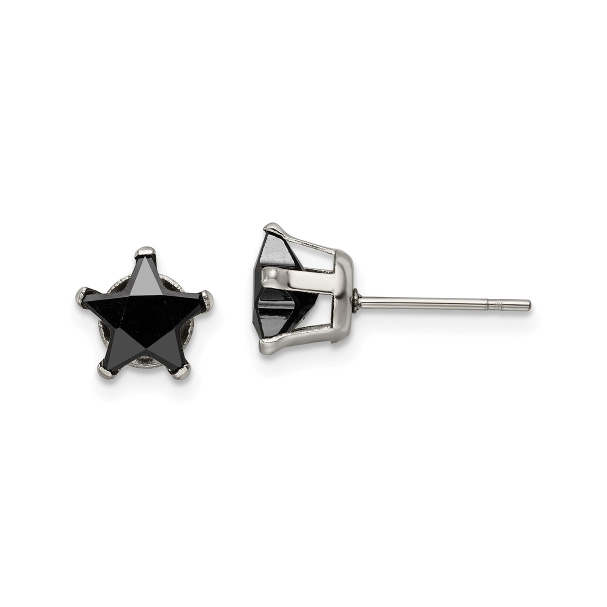 Stainless Steel Star Shaped Stud Earrings with Faceted Black Cubic Zirconia