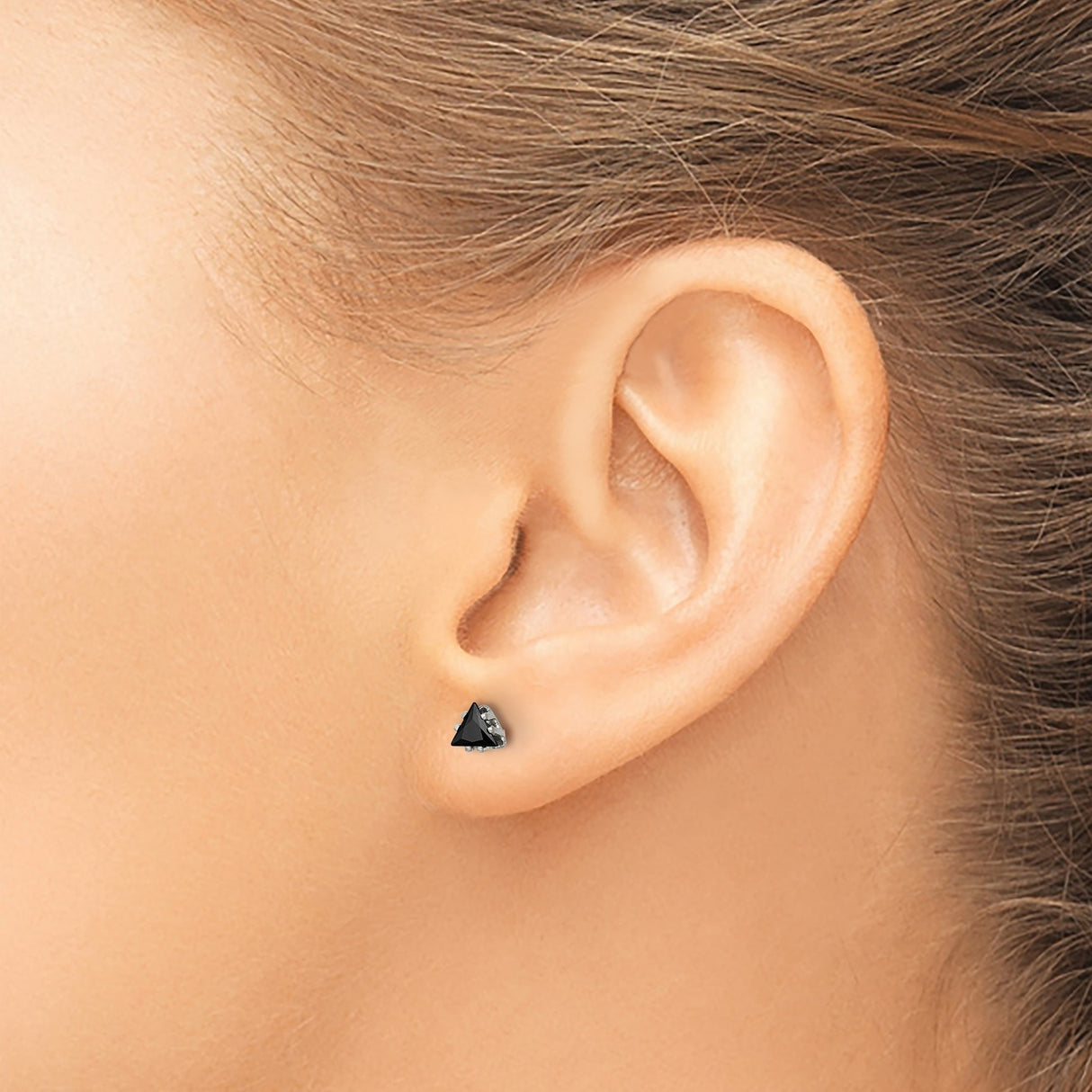 Stainless Steel Triangle Stud Earrings with Black Cubic Zirconia, Modern Unisex Design