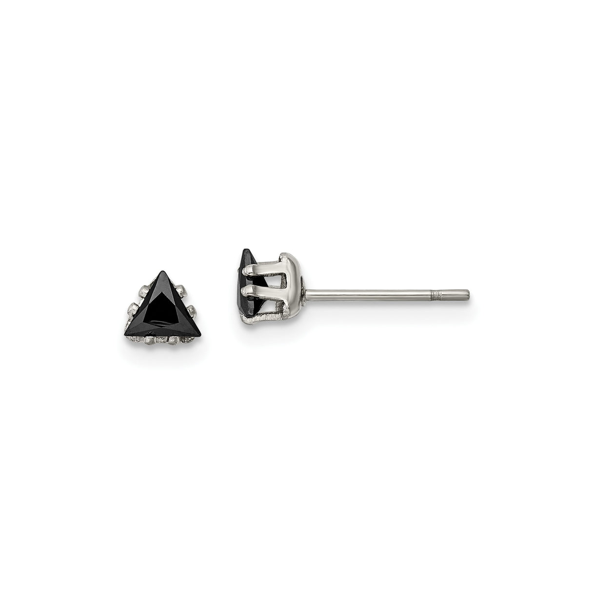 Stainless Steel Triangle Stud Earrings with Black Cubic Zirconia, Modern Unisex Design