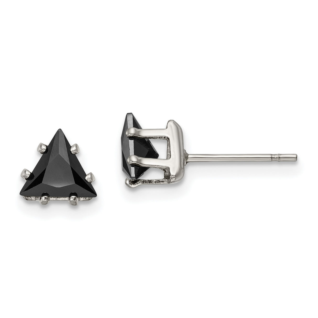Stainless Steel Triangle Stud Earrings with Faceted Black Cubic Zirconia, Geometric Unisex Style