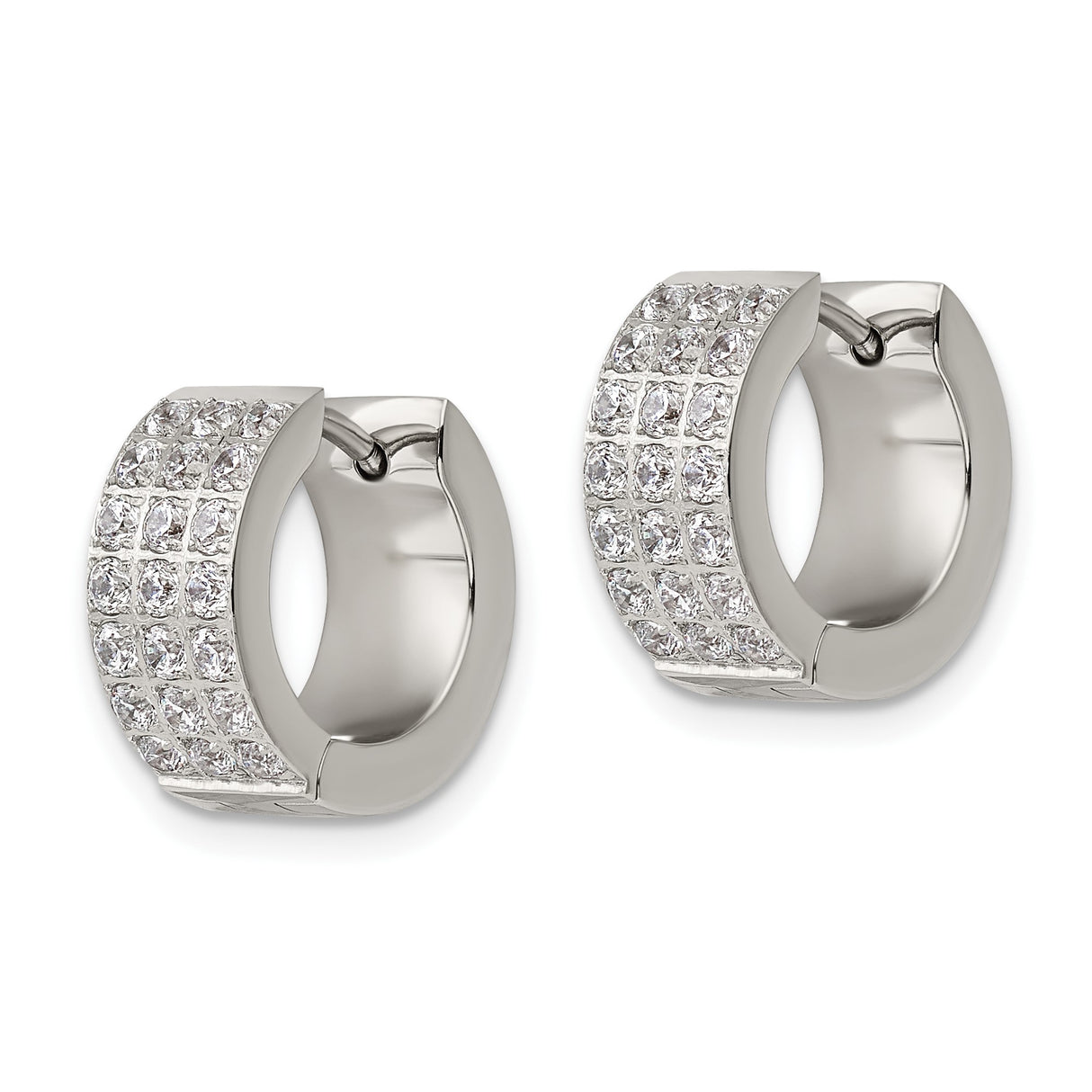 Stainless Steel Huggie Earrings with Cubic Zirconia, Three Row Sparkle Hoops, Minimalist Style