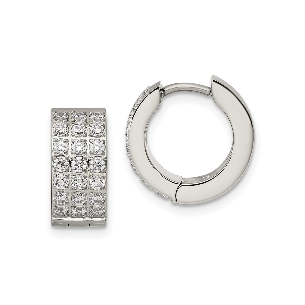 Stainless Steel Huggie Earrings with Cubic Zirconia, Three Row Sparkle Hoops, Minimalist Style