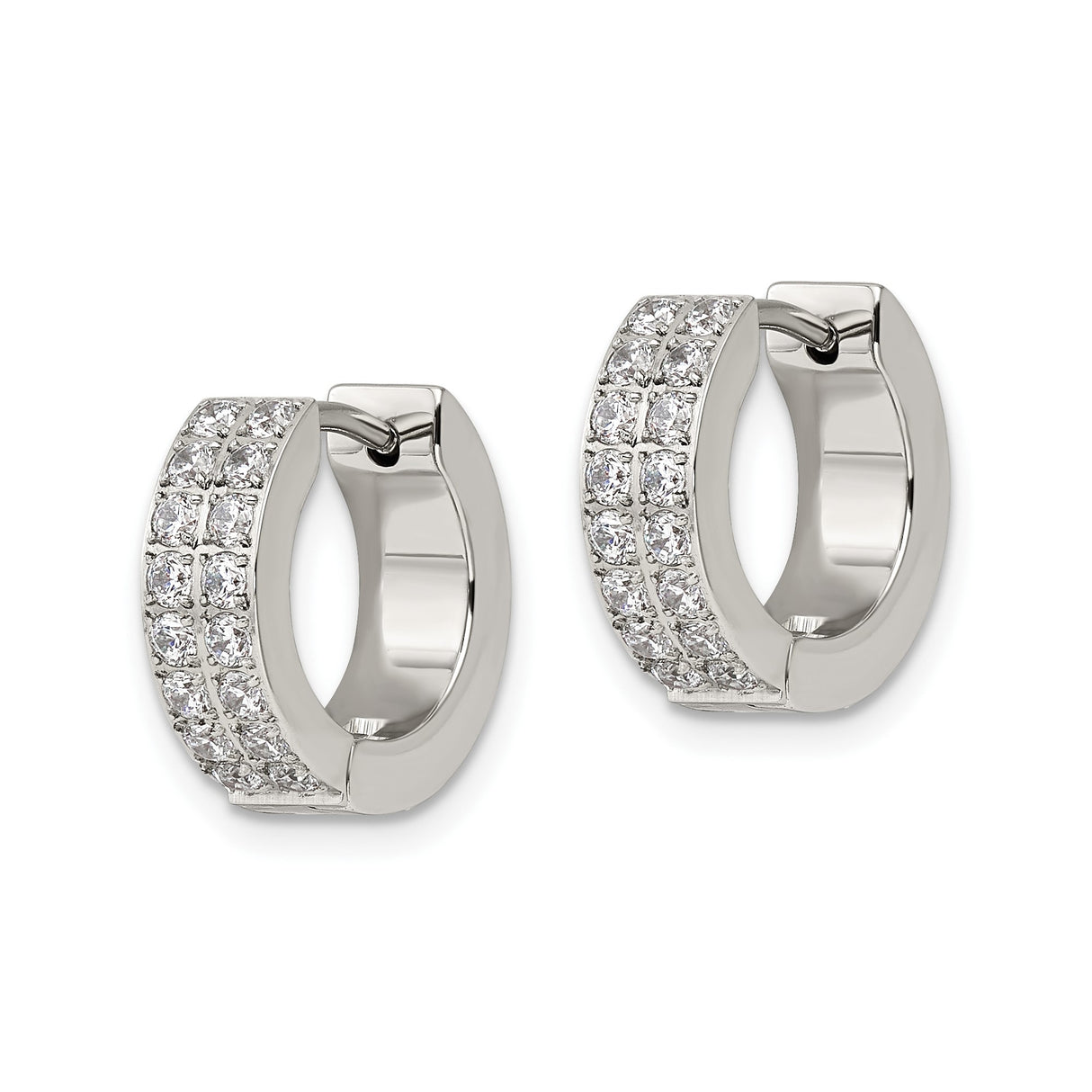 Stainless Steel Huggie Hoop Earrings with Three Row Cubic Zirconia, Modern Minimalist Style