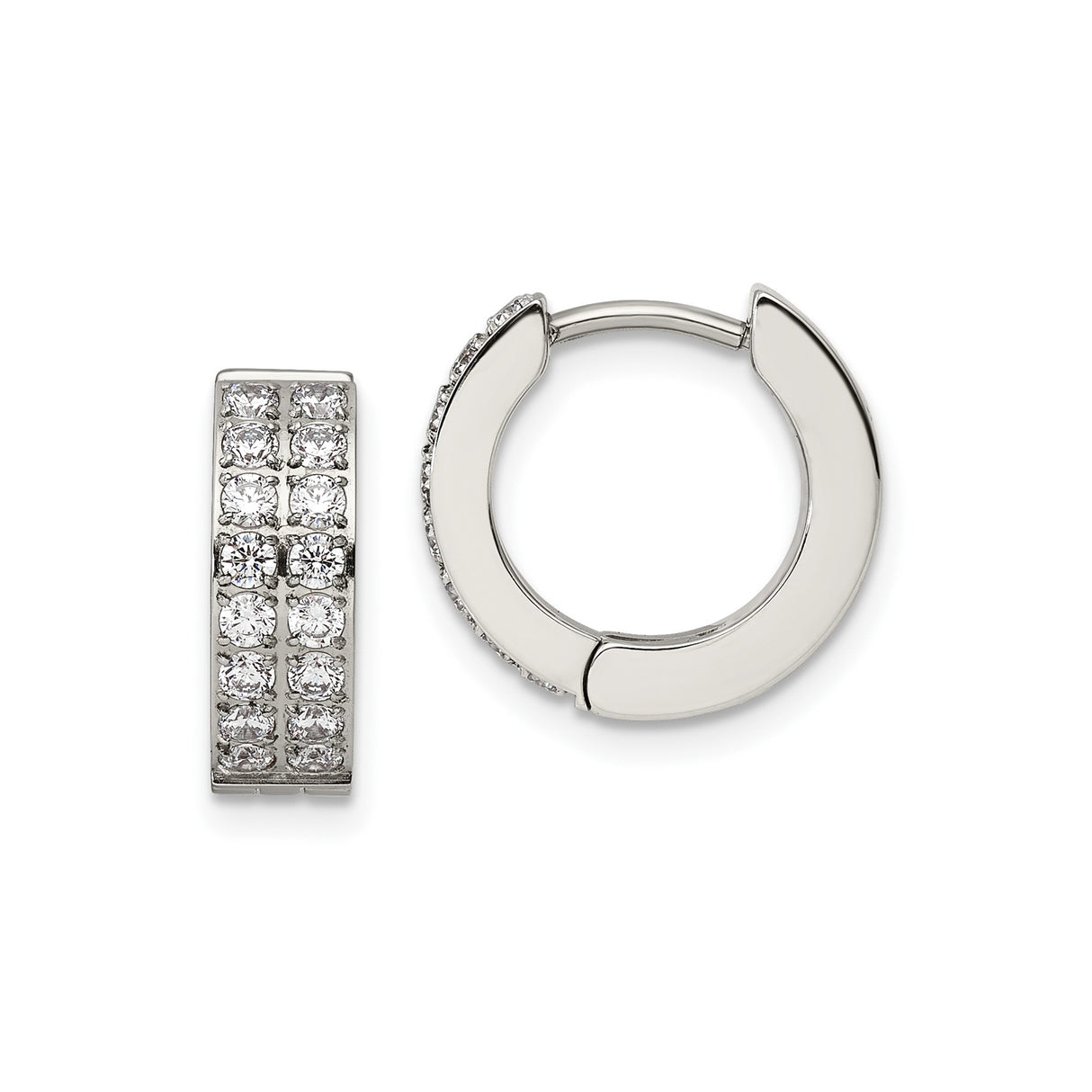 Stainless Steel Huggie Hoop Earrings with Three Row Cubic Zirconia, Modern Minimalist Style