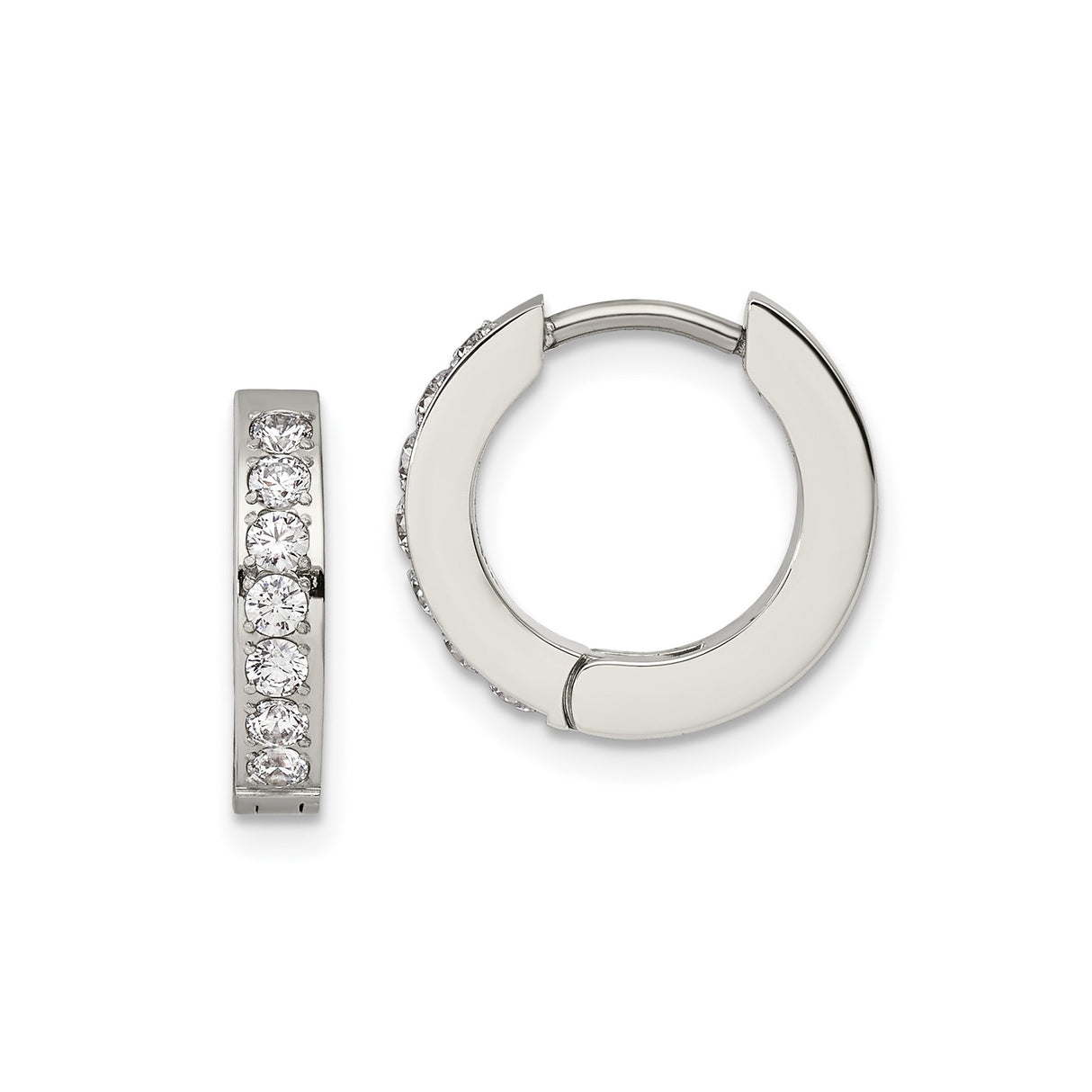 Stainless Steel Hoop Earrings with Cubic Zirconia Accents, Polished Modern Huggie Style