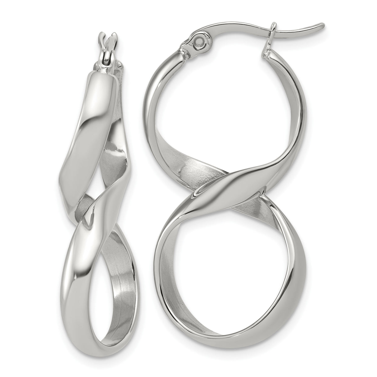 Stainless Steel Twisted Infinity Hoop Earrings with Polished Finish, Lightweight Spiral Design
