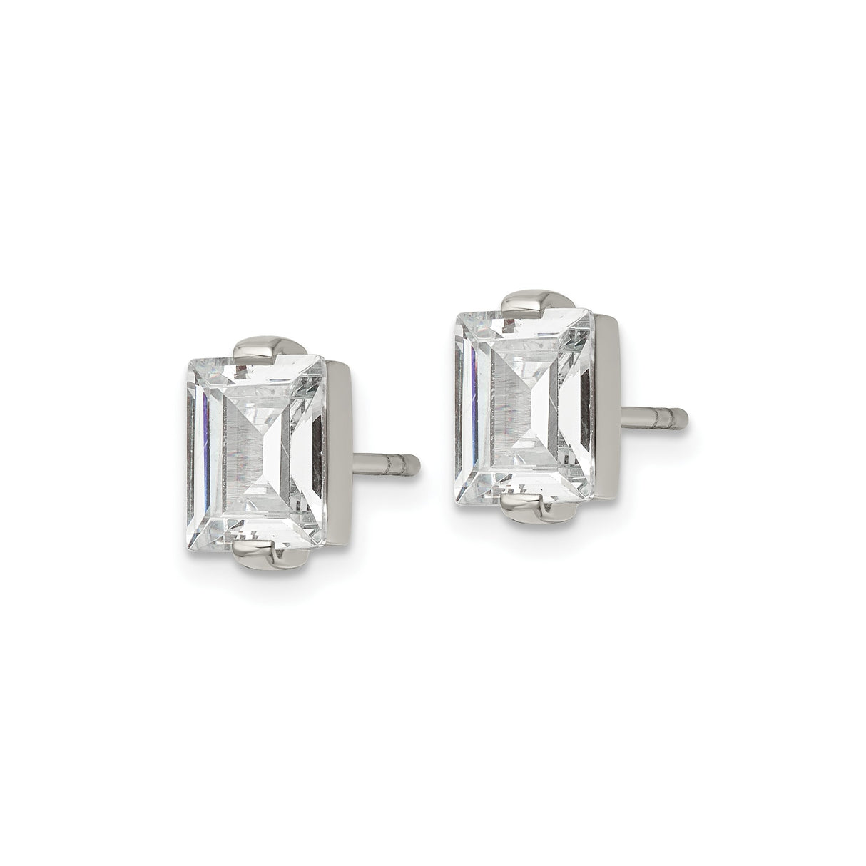 Stainless Steel Stud Earrings with Baguette Cut Cubic Zirconia, Rectangle Minimalist Design, Silver Tone