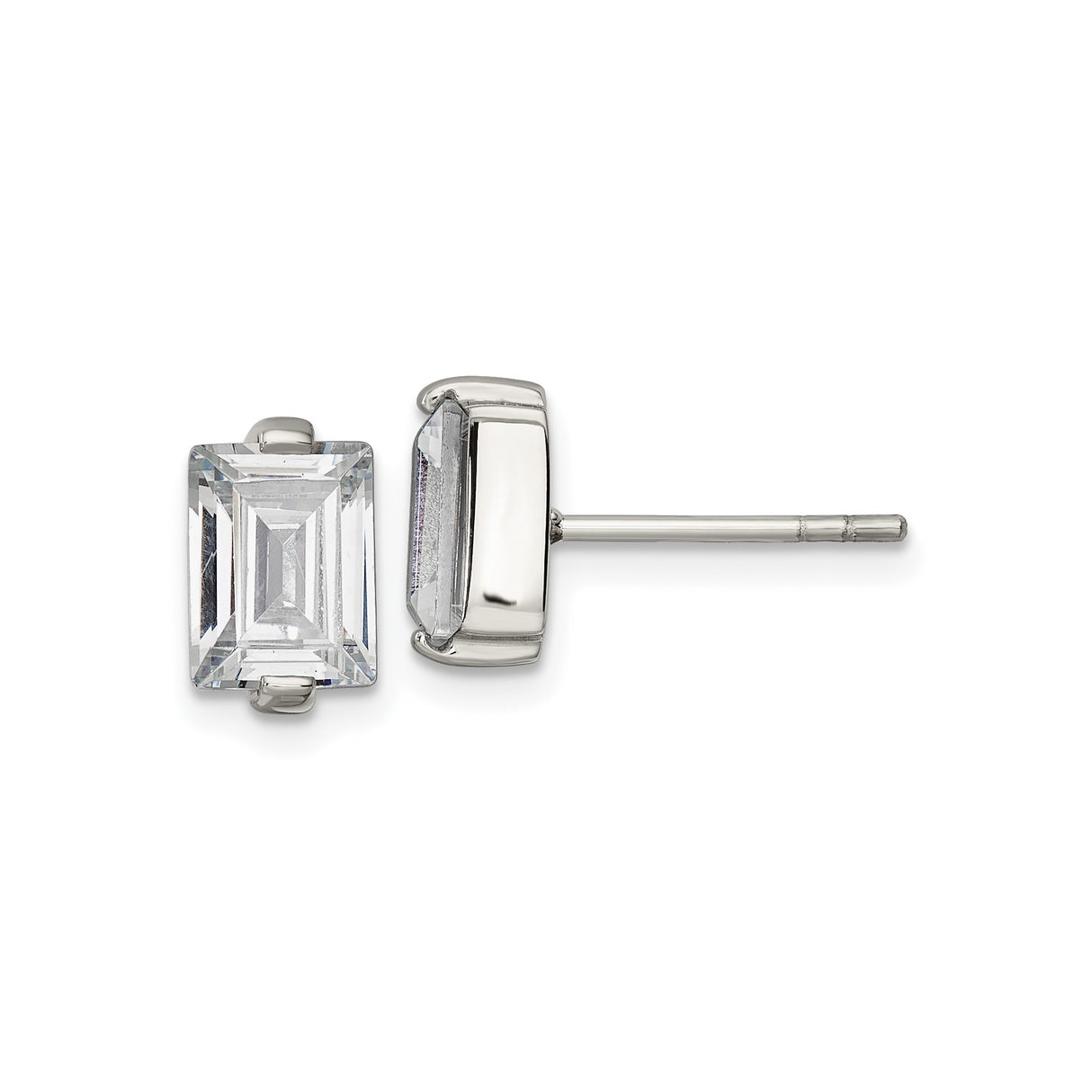 Stainless Steel Stud Earrings with Baguette Cut Cubic Zirconia, Rectangle Minimalist Design, Silver Tone