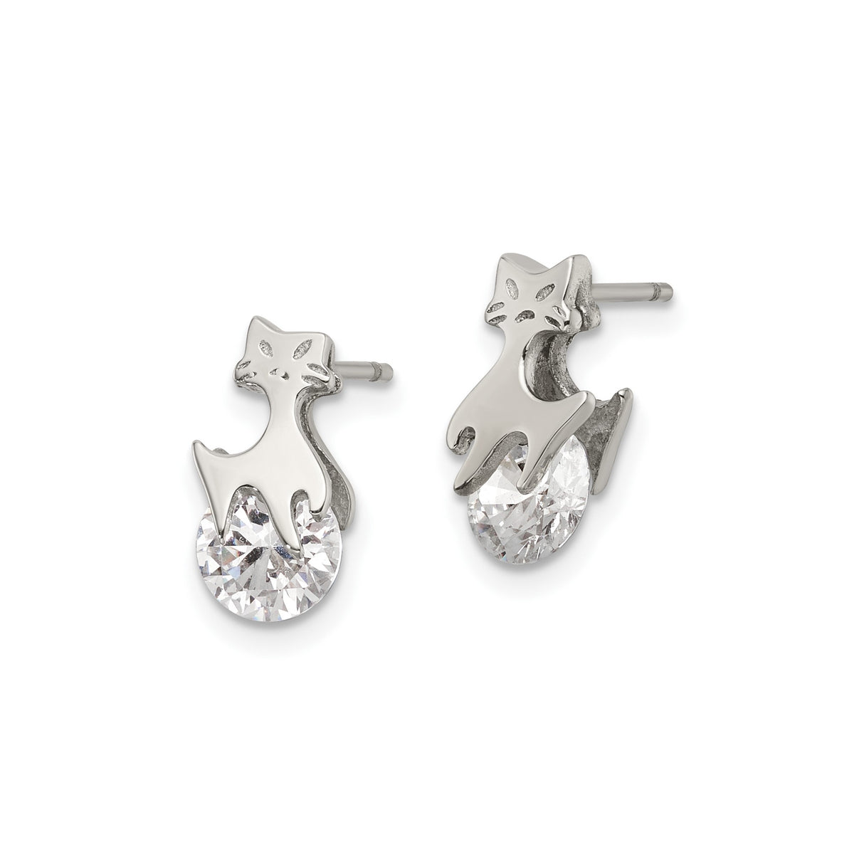 Stainless Steel Cat Stud Earrings with Cubic Zirconia, Minimalist Feline Design