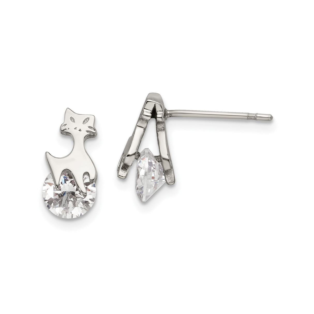 Stainless Steel Cat Stud Earrings with Cubic Zirconia, Minimalist Feline Design