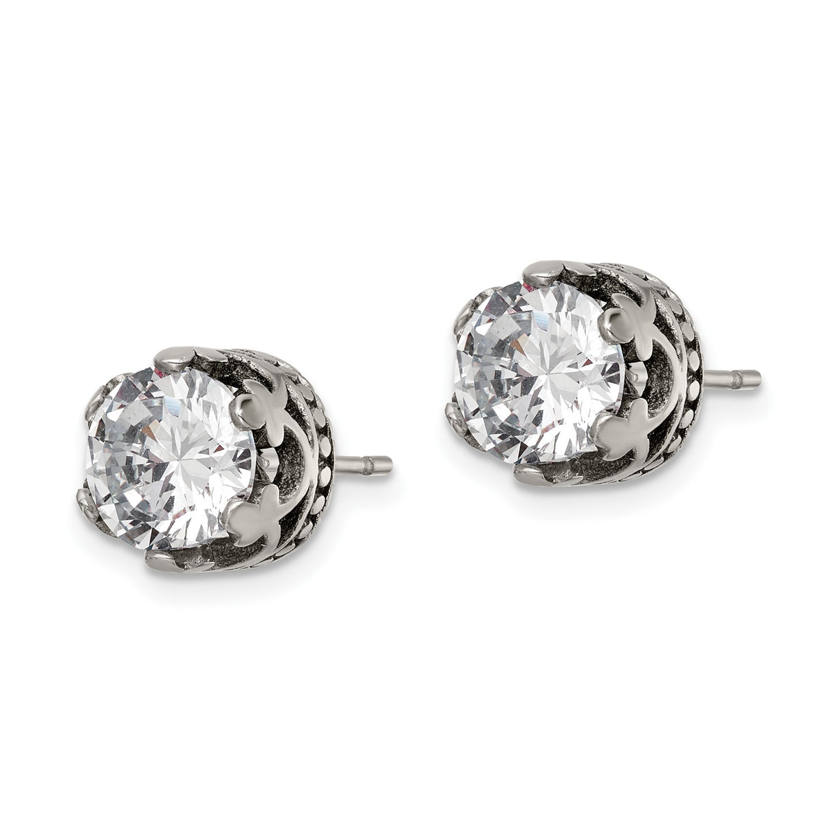 Stainless Steel Stud Earrings with Large Round Cut Cubic Zirconia, Crown Setting, Fleur de Lis Design