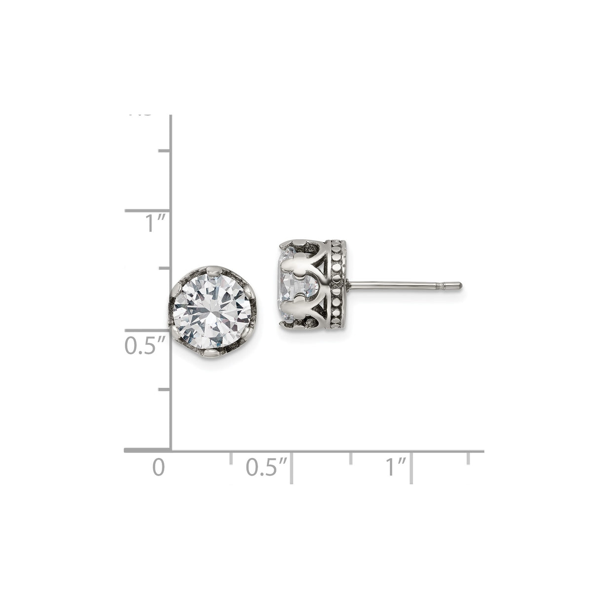 Stainless Steel Stud Earrings with Large Round Cut Cubic Zirconia, Crown Setting, Fleur de Lis Design
