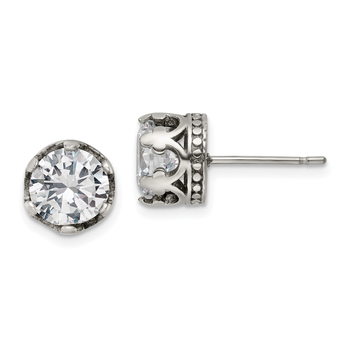 Stainless Steel Stud Earrings with Large Round Cut Cubic Zirconia, Crown Setting, Fleur de Lis Design