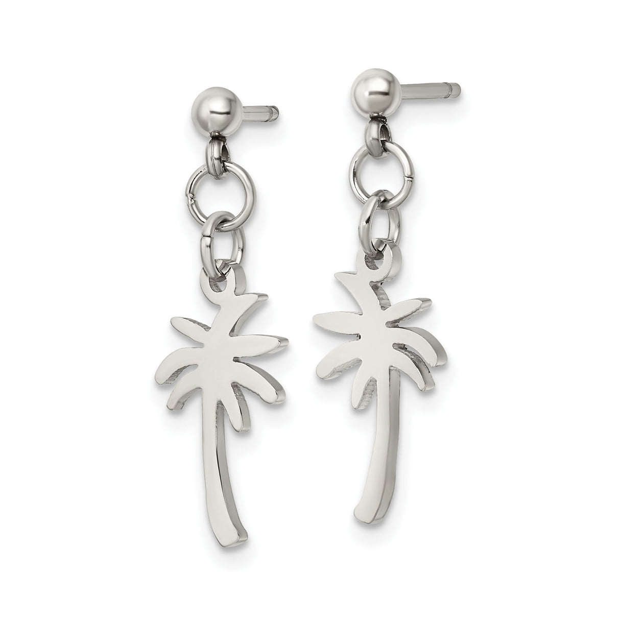 Stainless Steel Dangle Earrings with Polished Palm Tree Charm, Tropical Beach Style