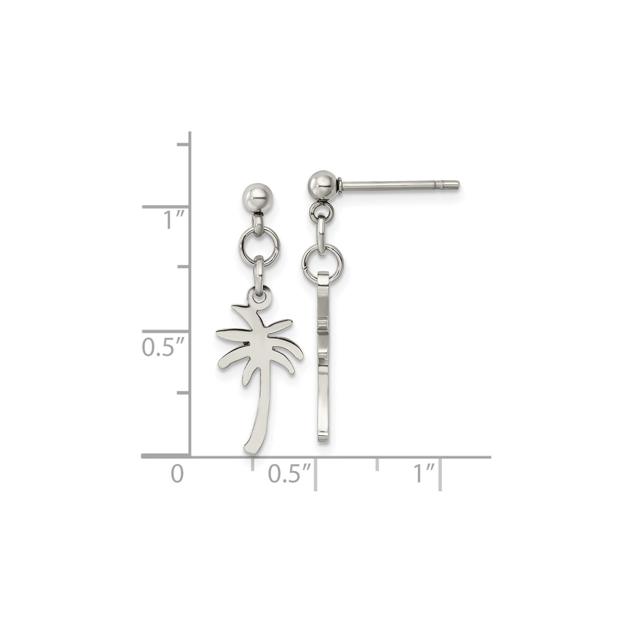Stainless Steel Dangle Earrings with Polished Palm Tree Charm, Tropical Beach Style