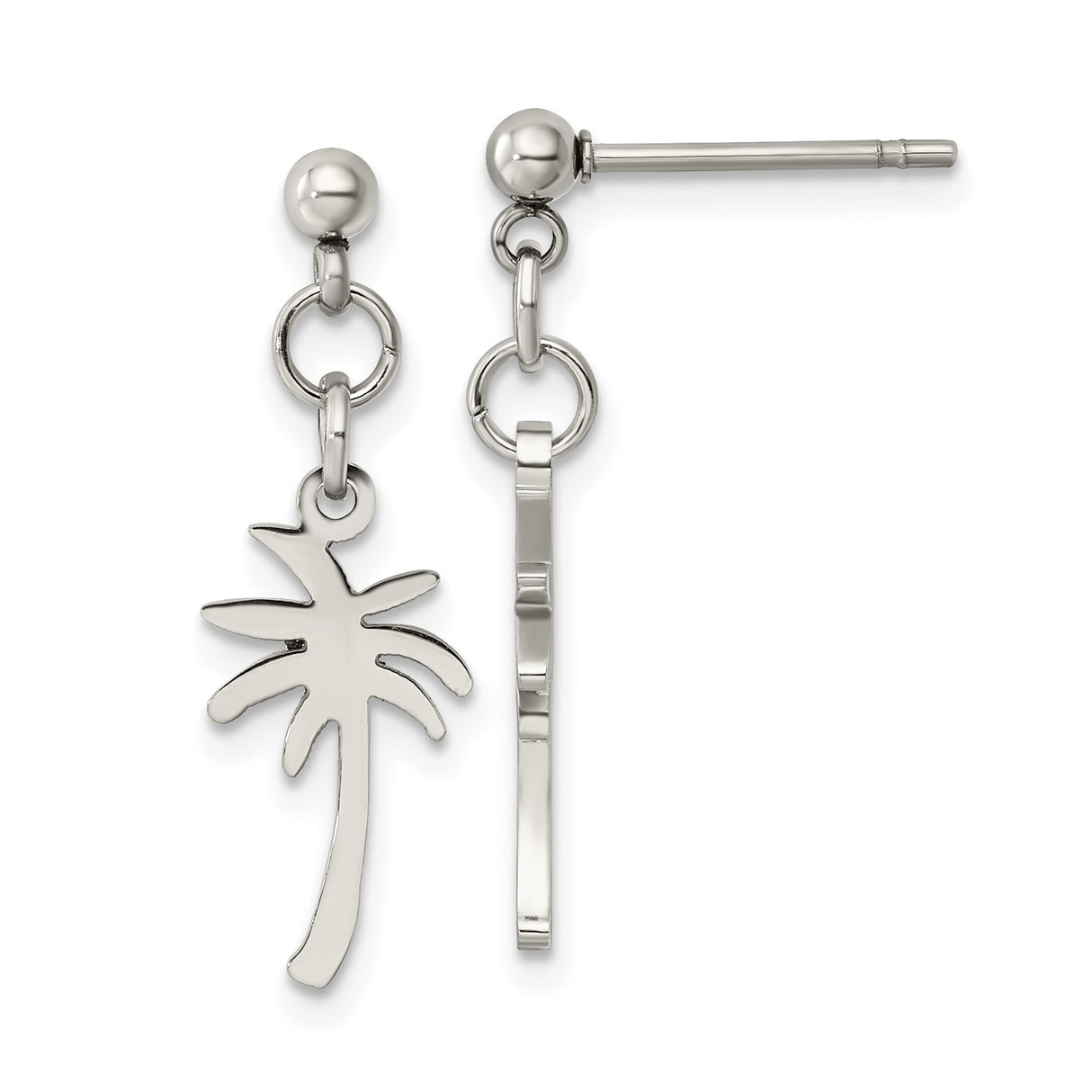 Stainless Steel Dangle Earrings with Polished Palm Tree Charm, Tropical Beach Style