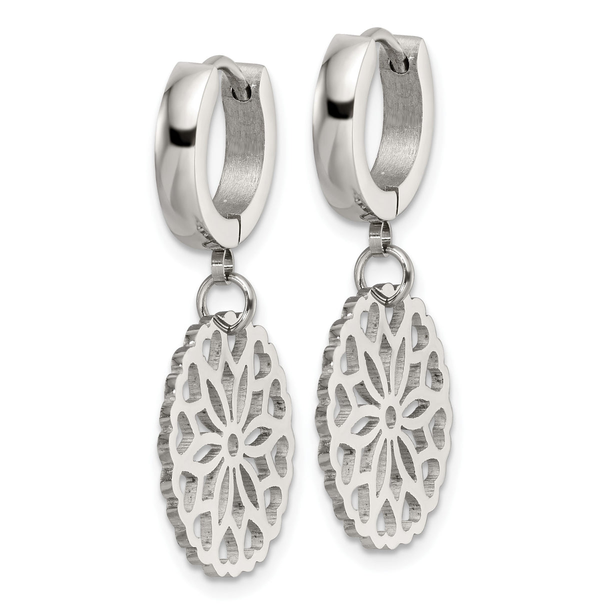 Stainless Steel Dangle Hoop Earrings with Mandala Heart Charm and Floral Cutout Design