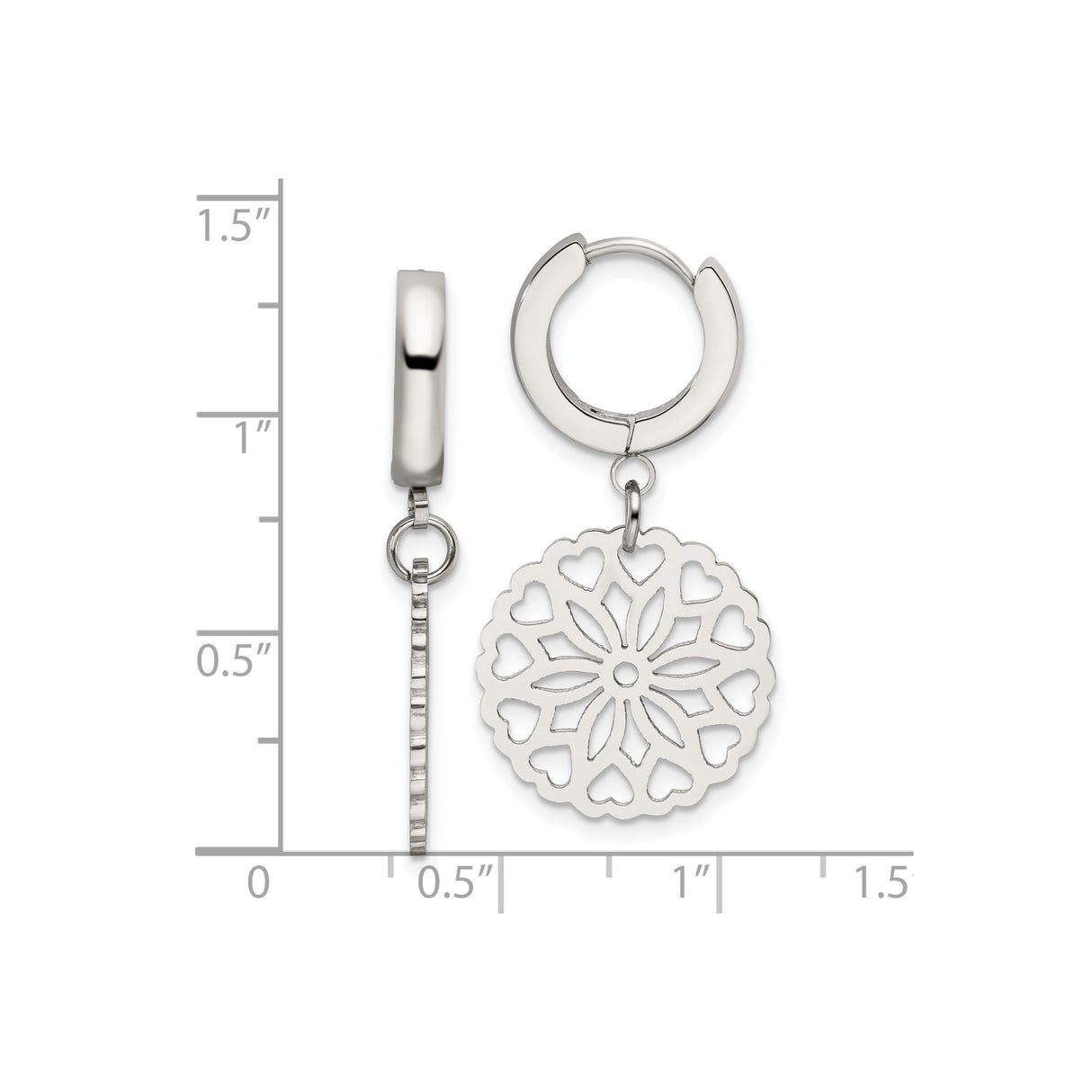Stainless Steel Dangle Hoop Earrings with Mandala Heart Charm and Floral Cutout Design