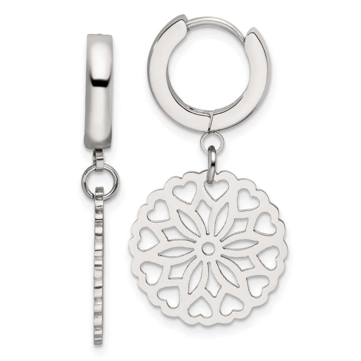 Stainless Steel Dangle Hoop Earrings with Mandala Heart Charm and Floral Cutout Design