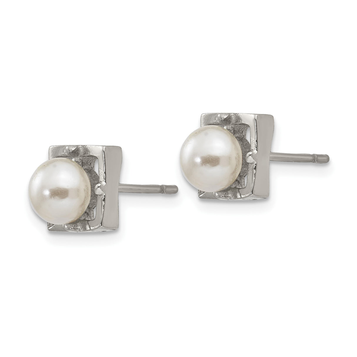 Stainless Steel Stud Earrings with Simulated Pearls, Textured Square Frame Design