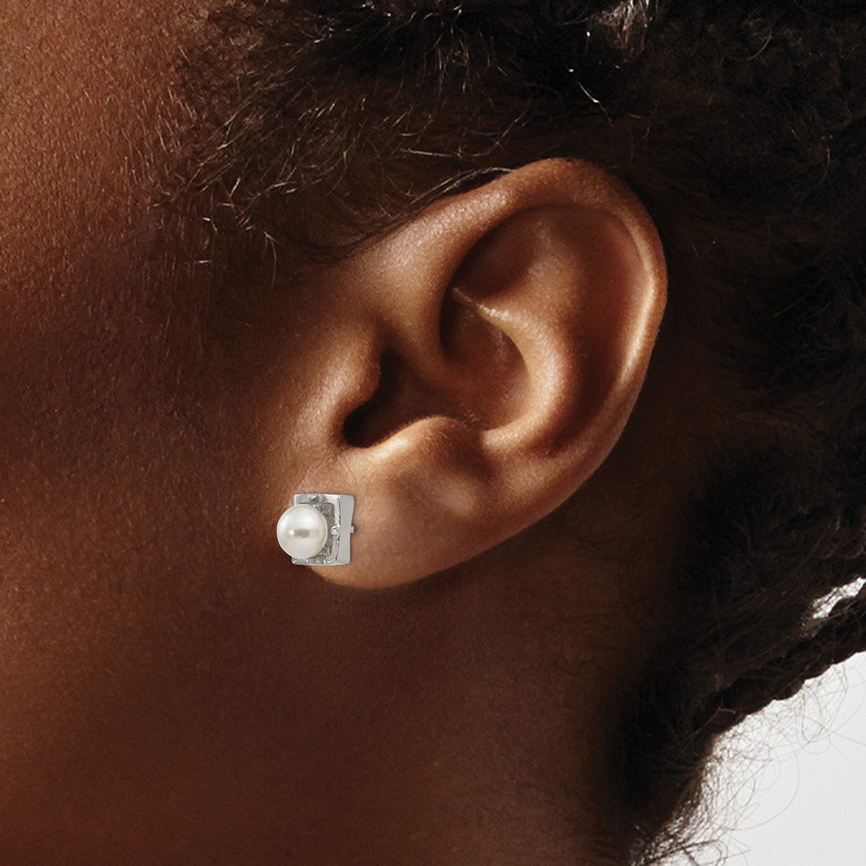 Stainless Steel Stud Earrings with Simulated Pearls, Textured Square Frame Design