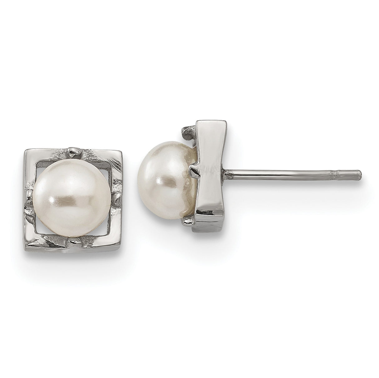 Stainless Steel Stud Earrings with Simulated Pearls, Textured Square Frame Design