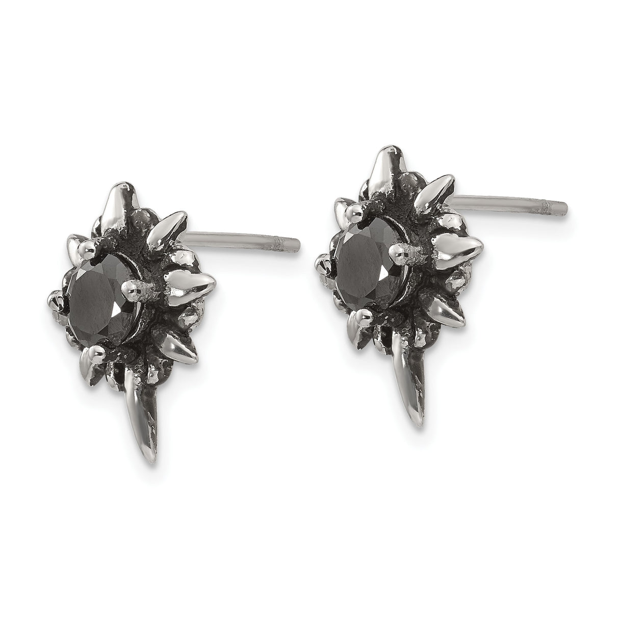 316 Stainless Steel Stud Earrings with Cubic Zirconia, Spiked Sunburst Gothic Punk Style