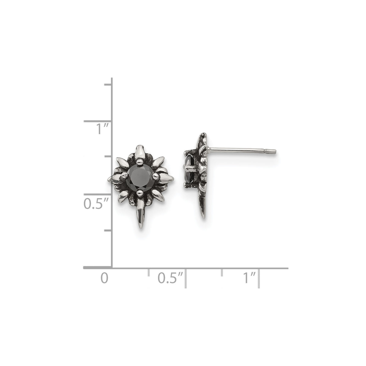 316 Stainless Steel Stud Earrings with Cubic Zirconia, Spiked Sunburst Gothic Punk Style