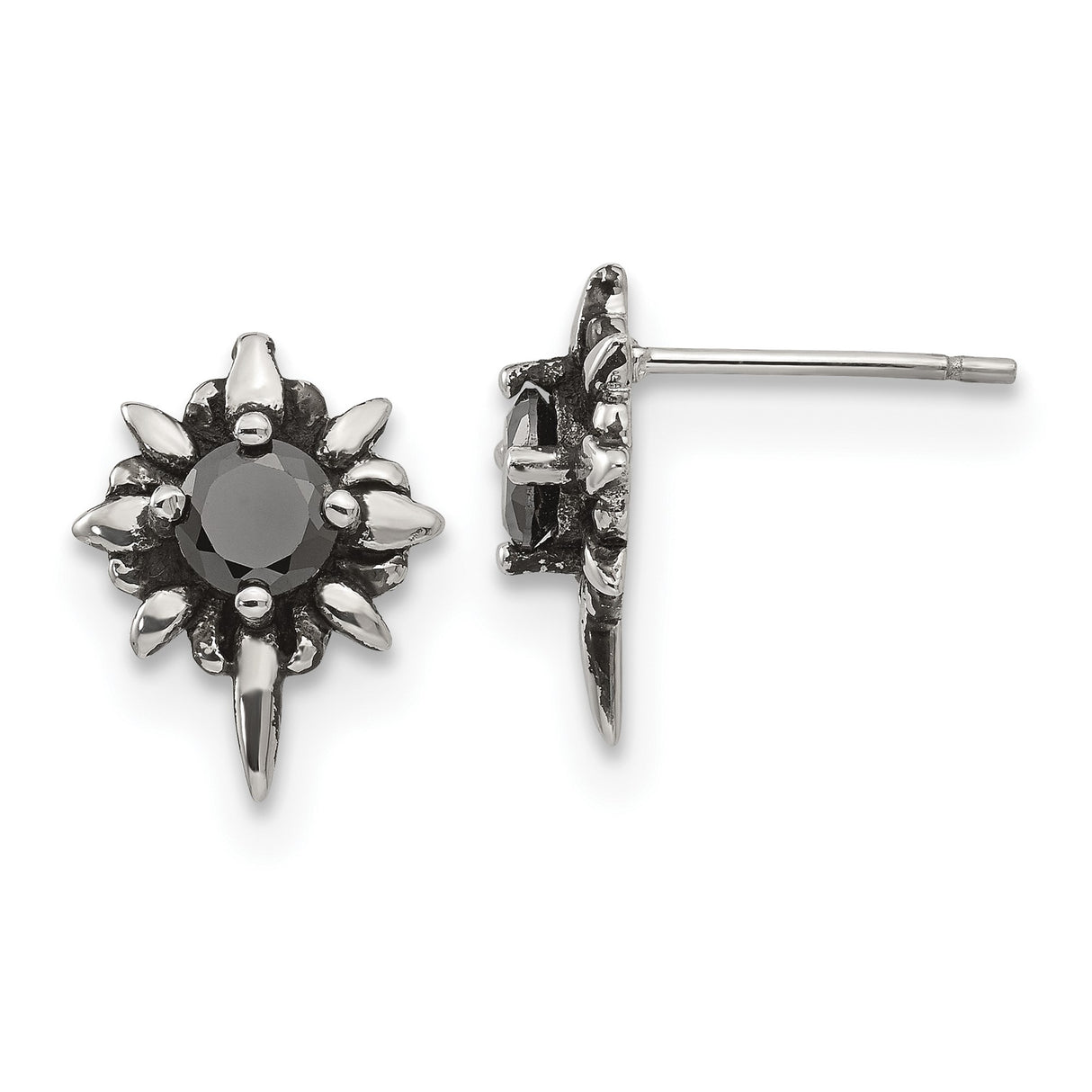 316 Stainless Steel Stud Earrings with Cubic Zirconia, Spiked Sunburst Gothic Punk Style