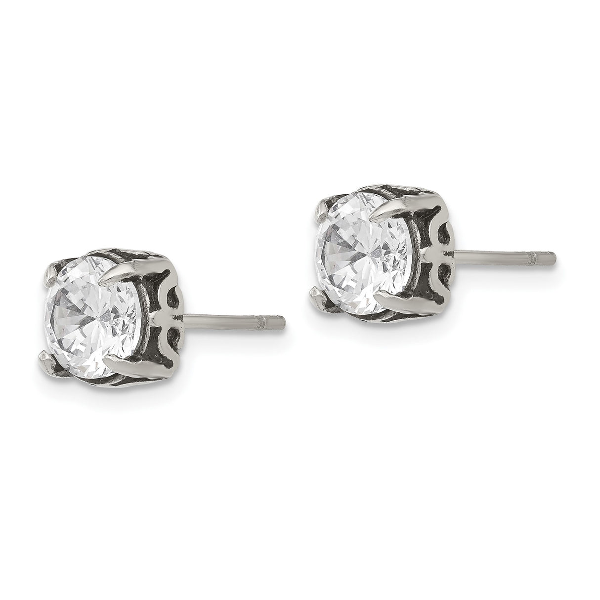 Stainless Steel Stud Earrings with Cubic Zirconia, Round Cut, Vintage Scroll Design