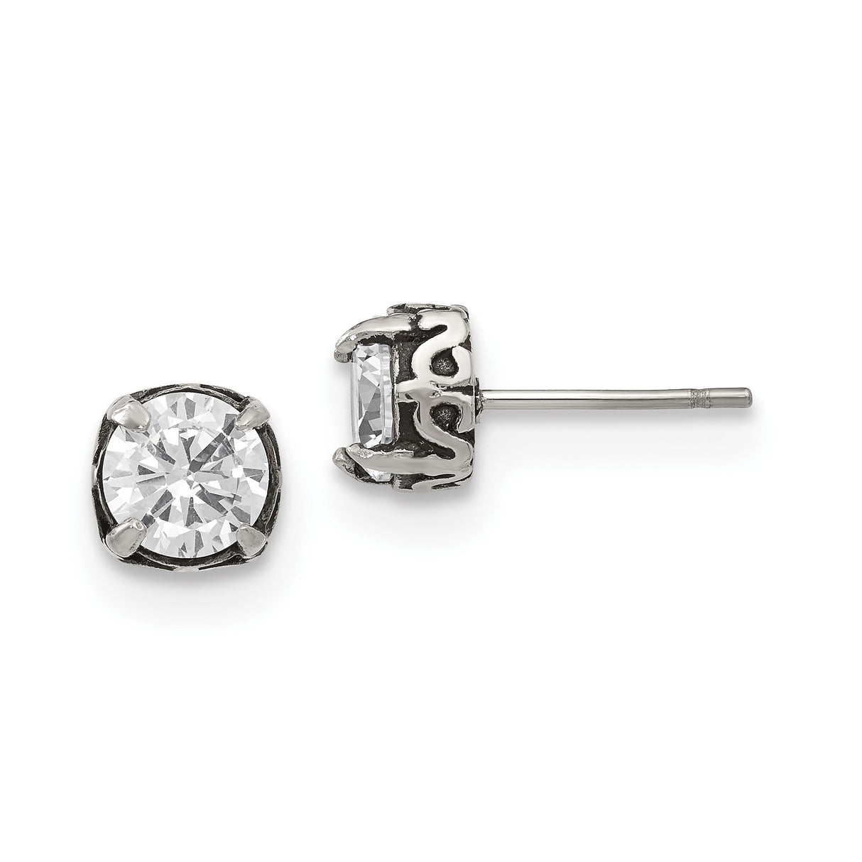 Stainless Steel Stud Earrings with Cubic Zirconia, Round Cut, Vintage Scroll Design