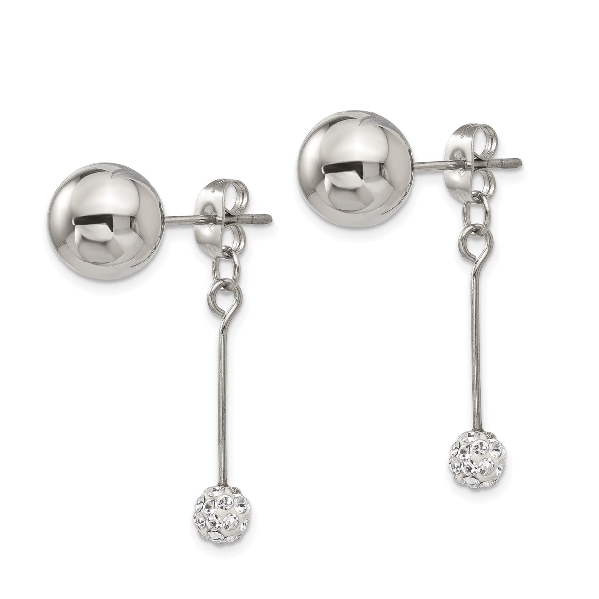 Stainless Steel Drop Earrings with Crystal Sphere Dangle, Modern Minimalist Style for Women