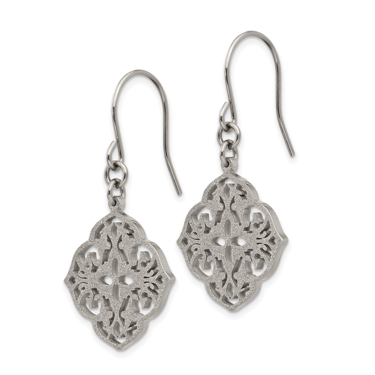 Stainless Steel Dangle Earrings with Filigree Quatrefoil and Ornamental Cross Design