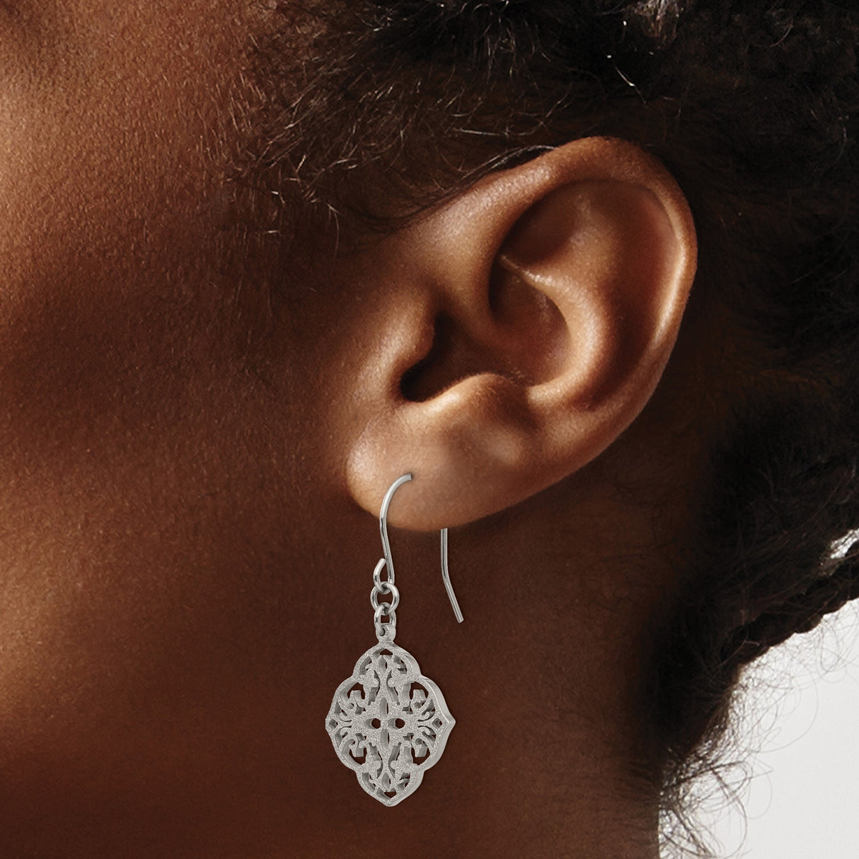 Stainless Steel Dangle Earrings with Filigree Quatrefoil and Ornamental Cross Design