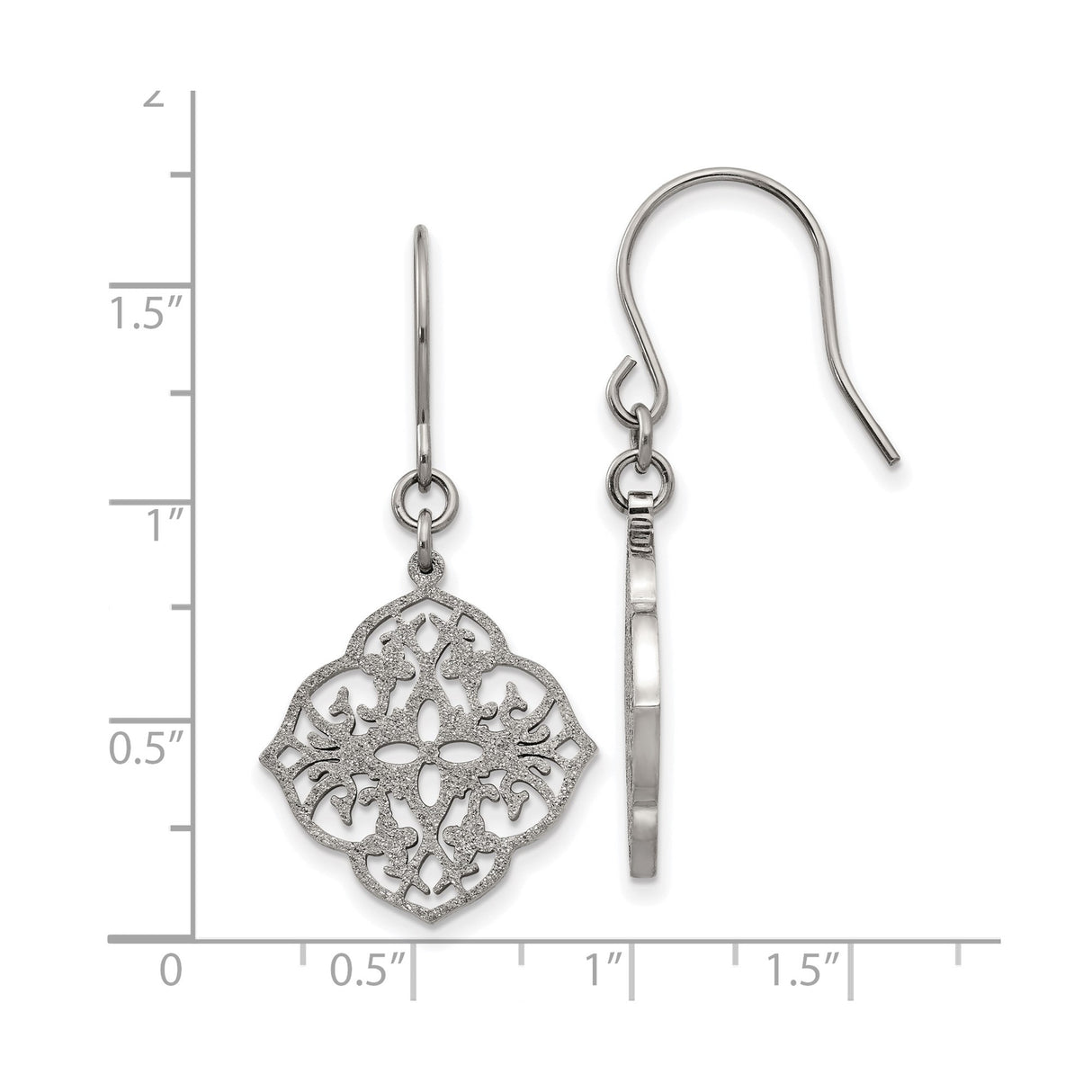 Stainless Steel Dangle Earrings with Filigree Quatrefoil and Ornamental Cross Design