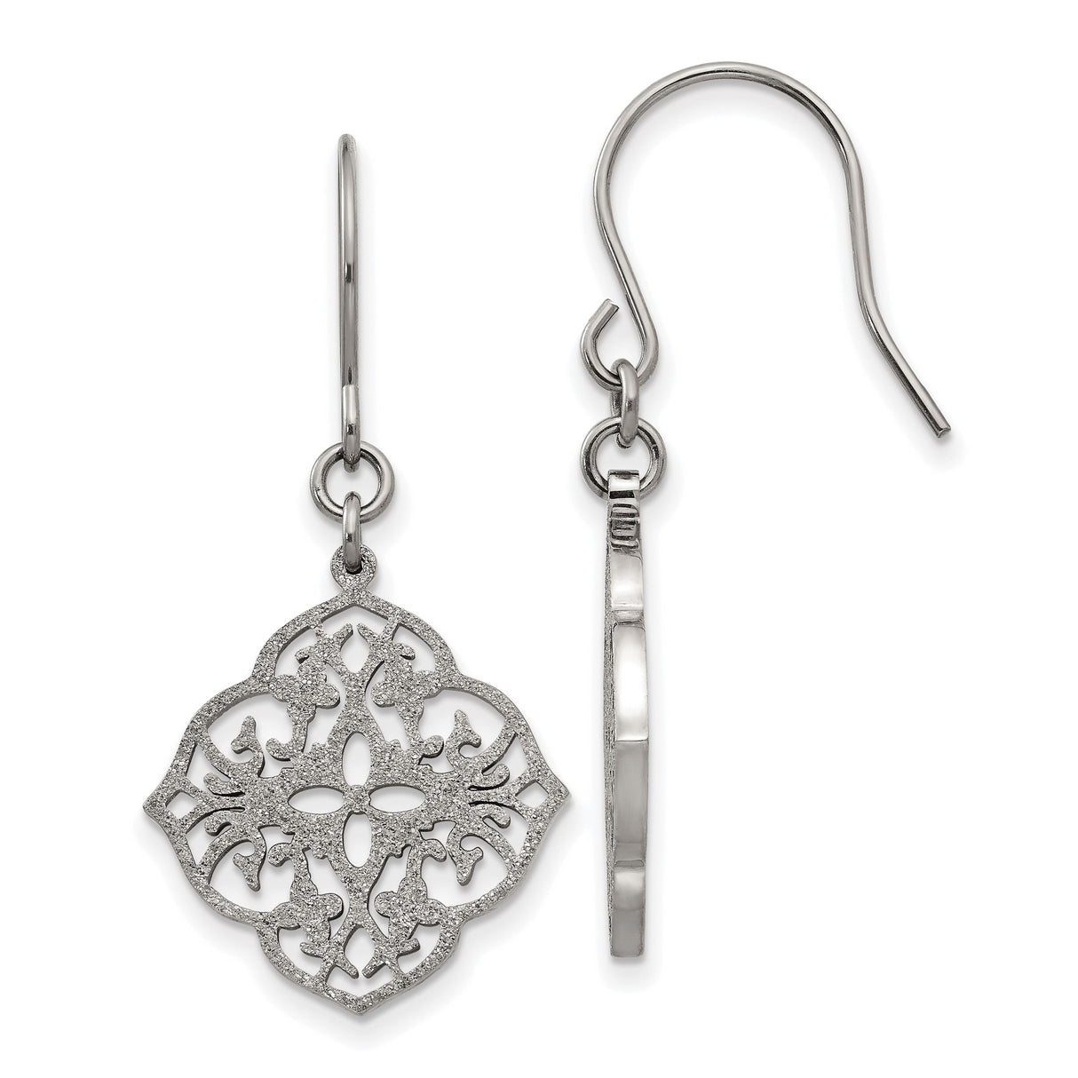 Stainless Steel Dangle Earrings with Filigree Quatrefoil and Ornamental Cross Design